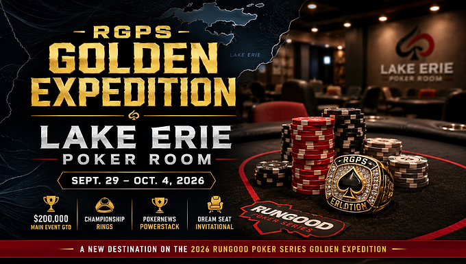 RGPS Golden Expedition Lake Erie Poker Room hero image with poker chips, a championship ring, Lake Erie map styling, and Sept. 29–Oct. 4, 2026 dates.