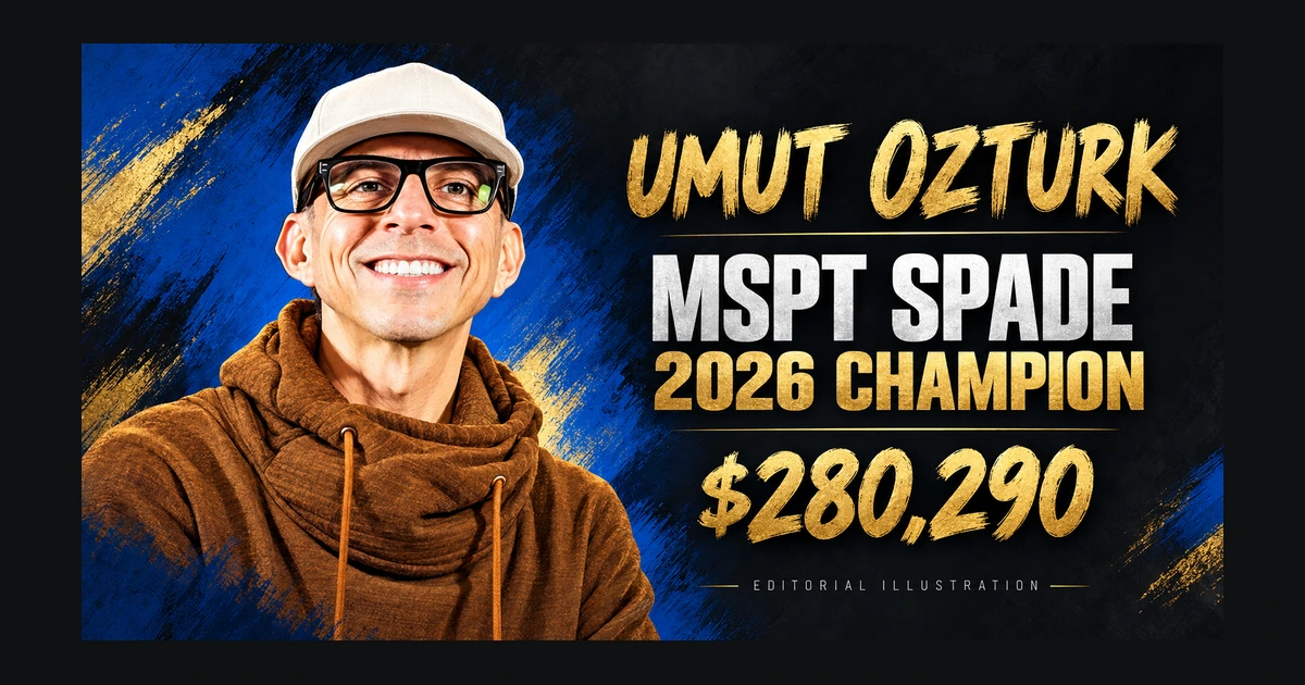 Editorial illustration of Umut Ozturk in glasses, a light cap and brown hoodie beside MSPT Spade 2026 Champion and $280,290 text.