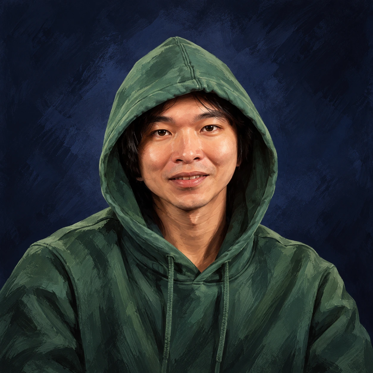 Editorial illustrated portrait of Kok Wei Teoh smiling slightly in a forest green hoodie against a dark indigo background.