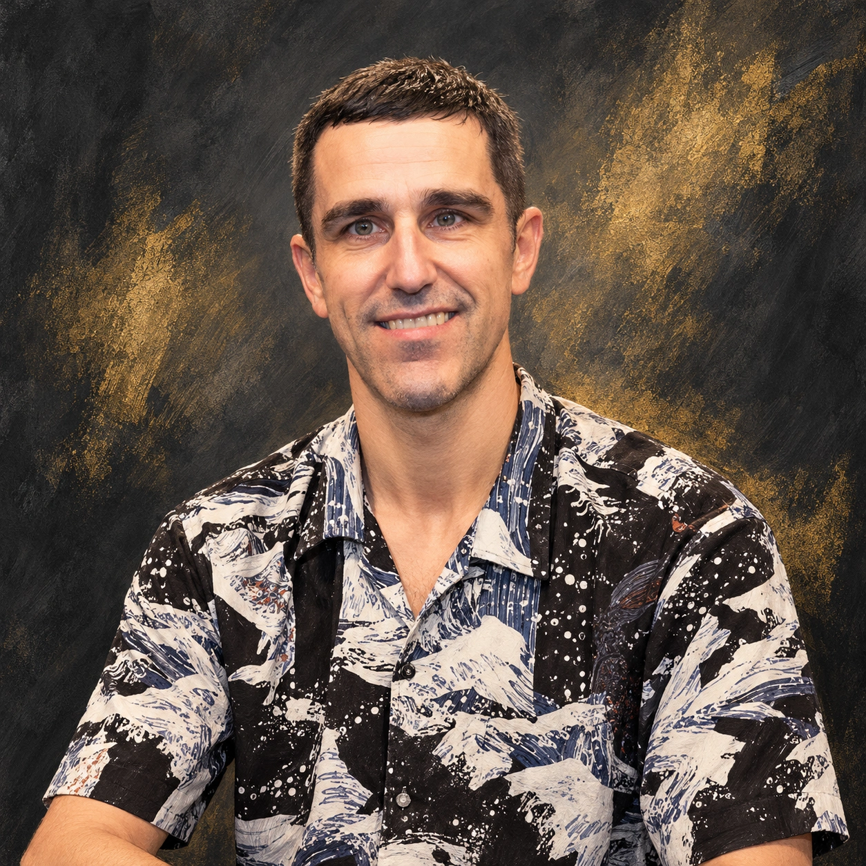 Editorial illustrated portrait of Kristof Segers in a patterned black-and-white shirt against charcoal and gold.