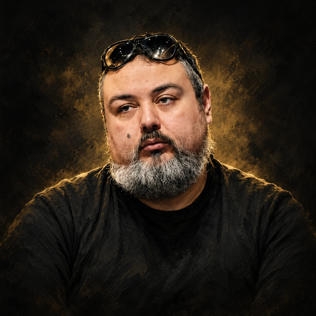 Editorial illustrated portrait of Said Tahar with a gray beard and sunglasses resting on his head against a charcoal and muted gold background.