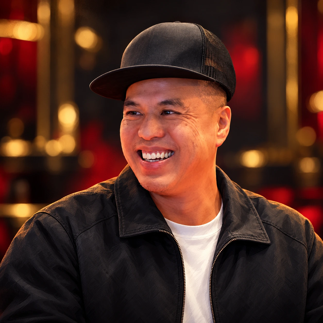 Editorial illustrated portrait of Quoc Mai smiling in a black cap and dark jacket against a softly lit black, red and gold background.