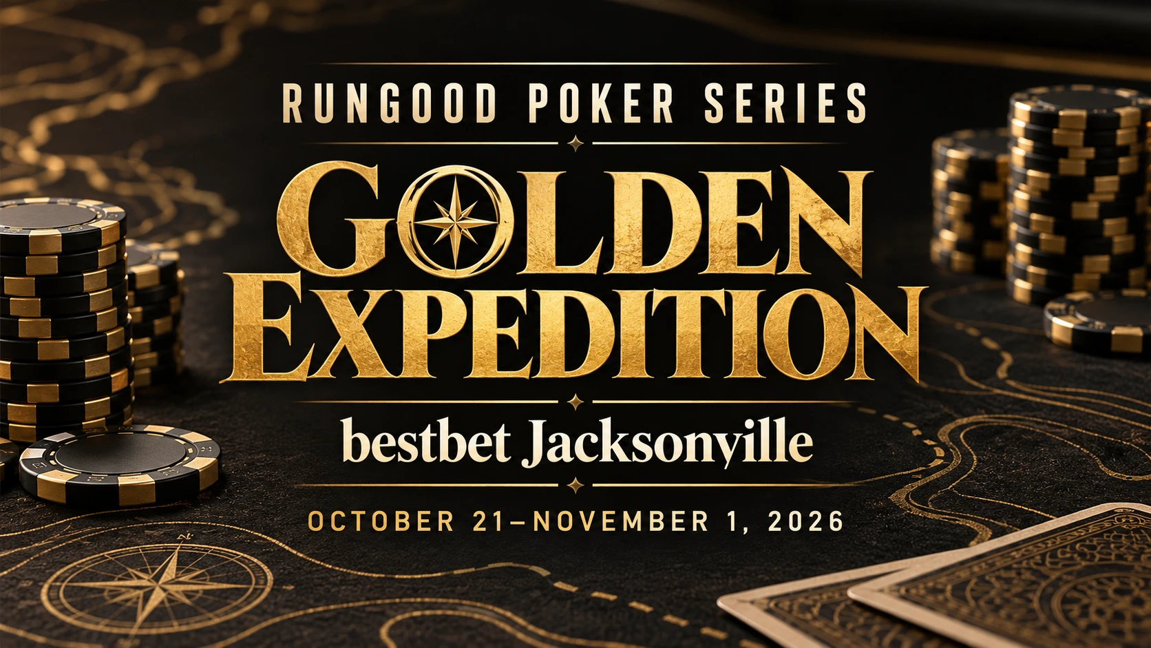 Black-and-gold editorial illustration with poker chips, RunGood Golden Expedition lettering, bestbet Jacksonville and October 21–November 1, 2026 dates.
