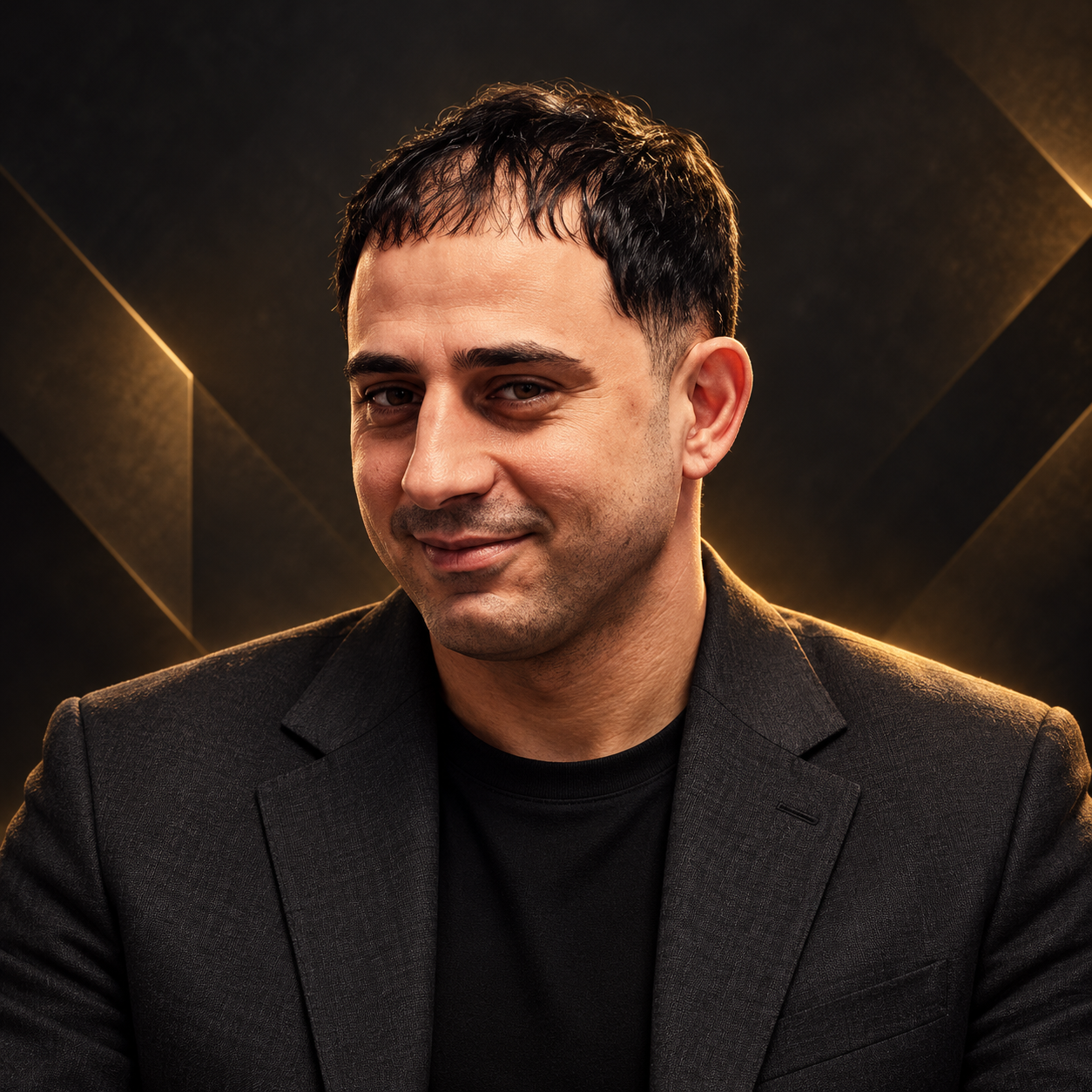 Editorial illustrated portrait of Aram Oganyan in a charcoal jacket against a black and gold geometric background.