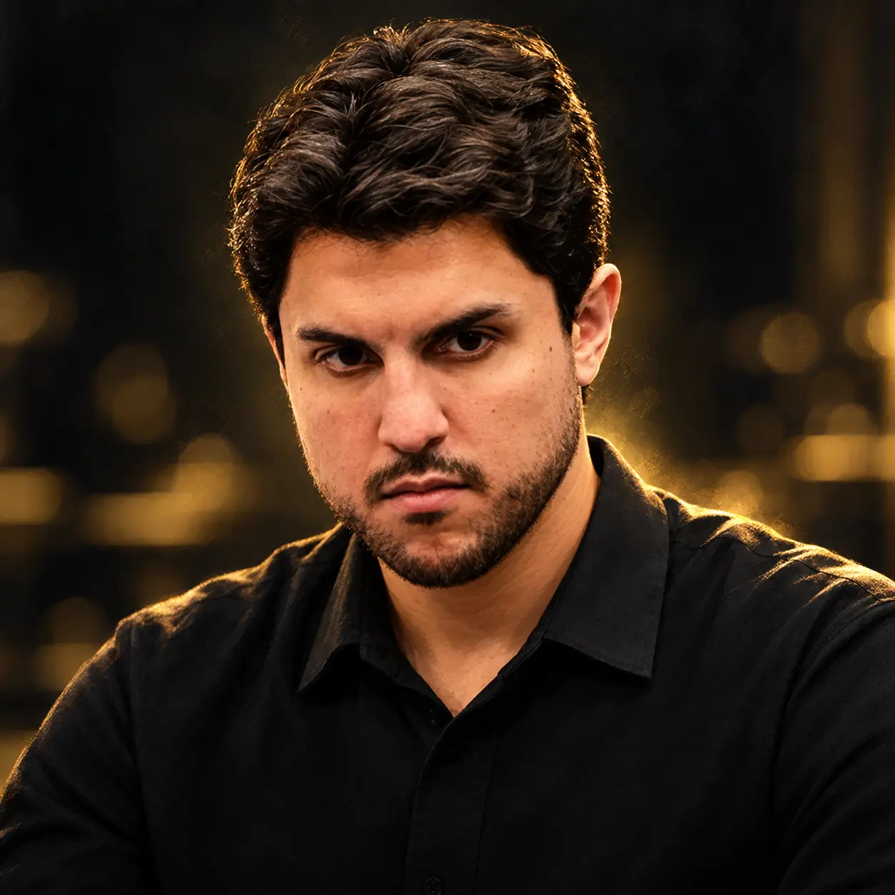 Editorial illustrated portrait of Gustavo Campos with dark wavy hair and a short beard in a black shirt against a charcoal and gold background.