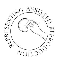 Logo for representing assisted reproduction project showing the title and a hand holding a pen above a petri dish