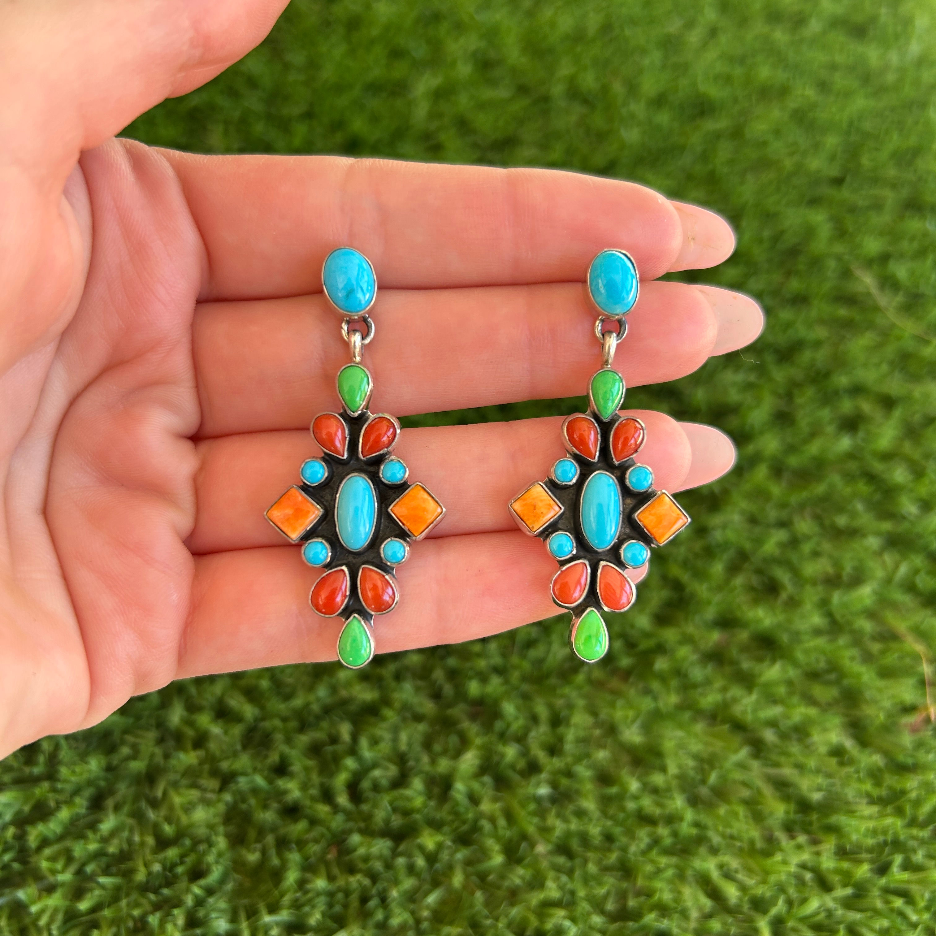 Multi-Stone Elongated Cluster Earrings Handmade by Navajo Geneva Apachito