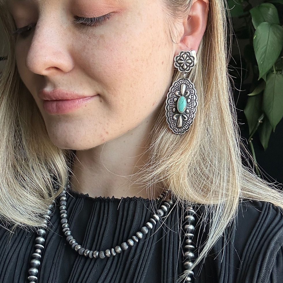Thumbnail: Kingman Turq Oval Medallion Repoussé Stud Earrings Handmade Navajo Tsosie White