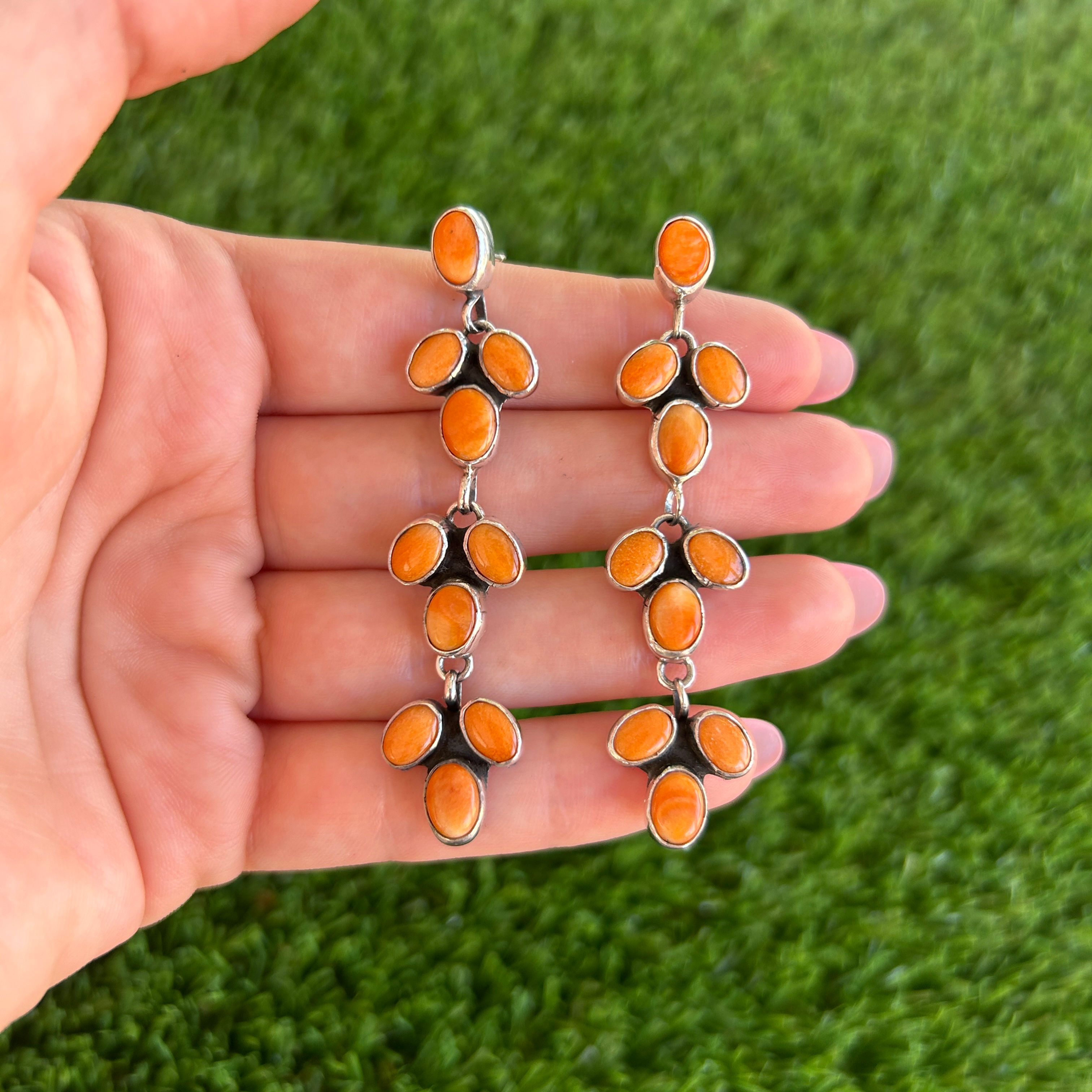 Orange Spiny Oyster Linear Cluster Stud Earrings Handmade by Navajo Linda Yazzie