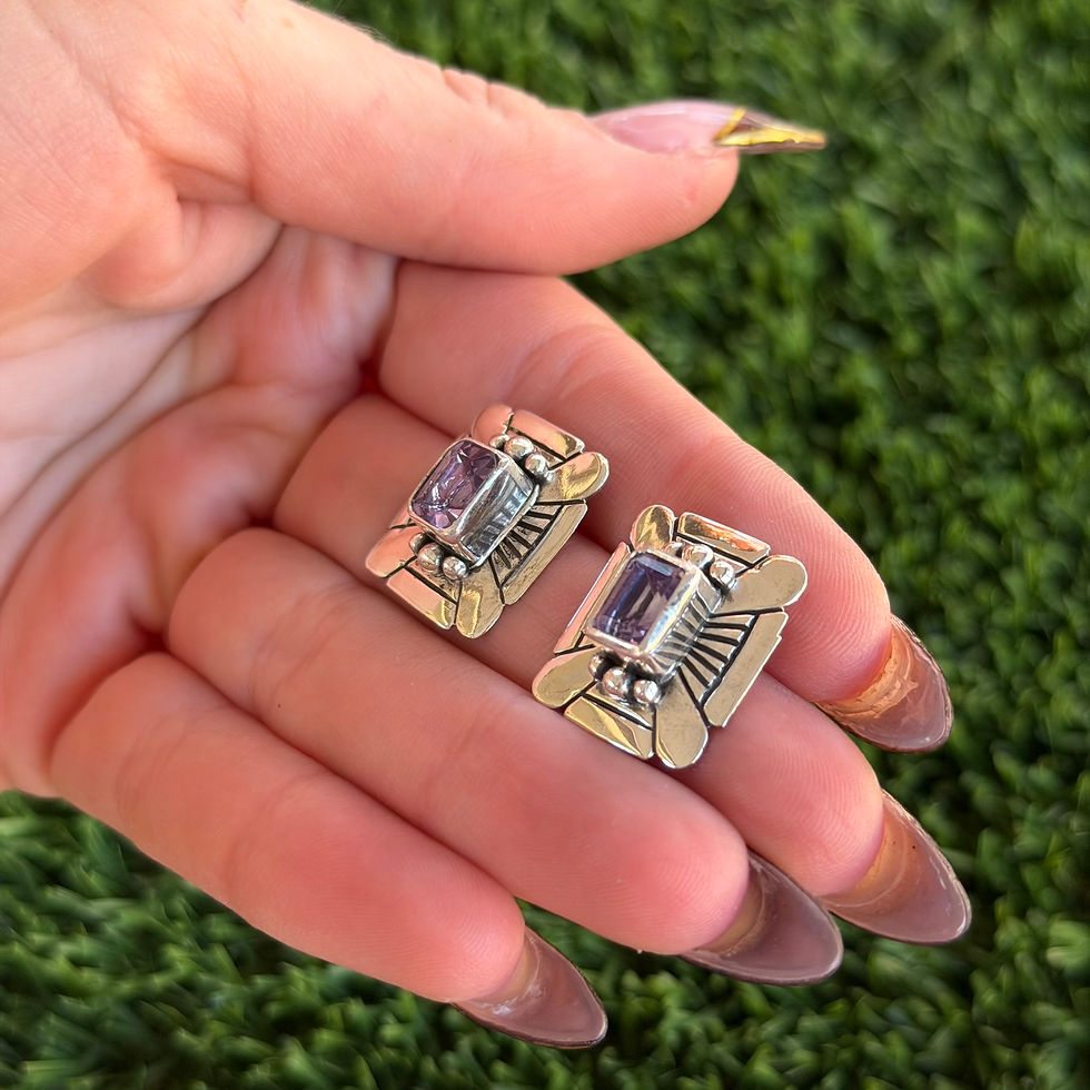 Miniature : Amethyst Rectangle Stud Stampwork Earrings Navajo Handmade (Artist Unknown)