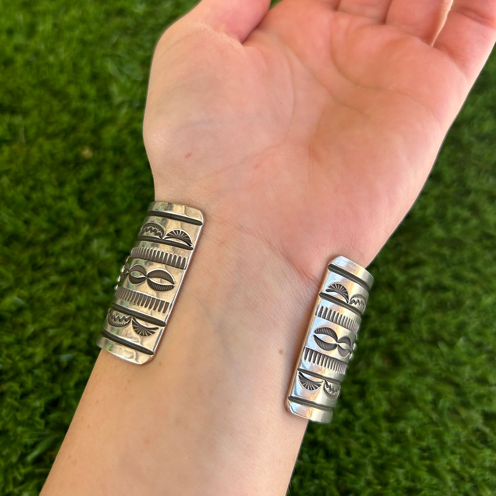 Thumbnail: Blue Diamond Turq Thunderbird Stampwork Cuff Handmade Navajo Albert Jake