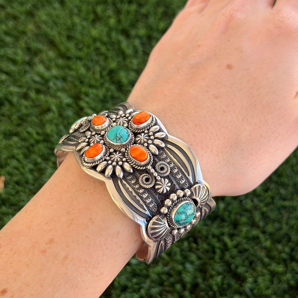 Miniature : Intricate Orange Spiny & Hubei Turq Appliqué Cuff Handmade Navajo Darrell Cadman