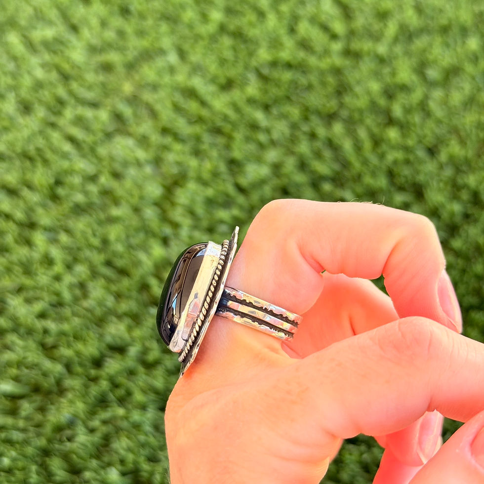 Thumbnail: Black Onyx Oval Stamped Adjustable Sterling Ring Handmade by Navajo Happy Piasso