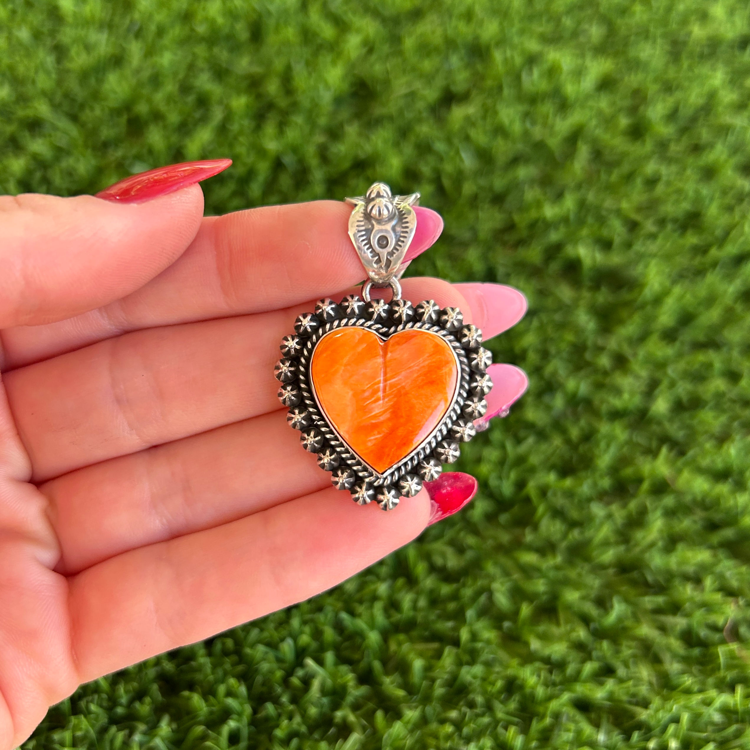 MD Orange Spiny Oyster Heart Shell Shot Pendant Handmade by Navajo Happy Piasso