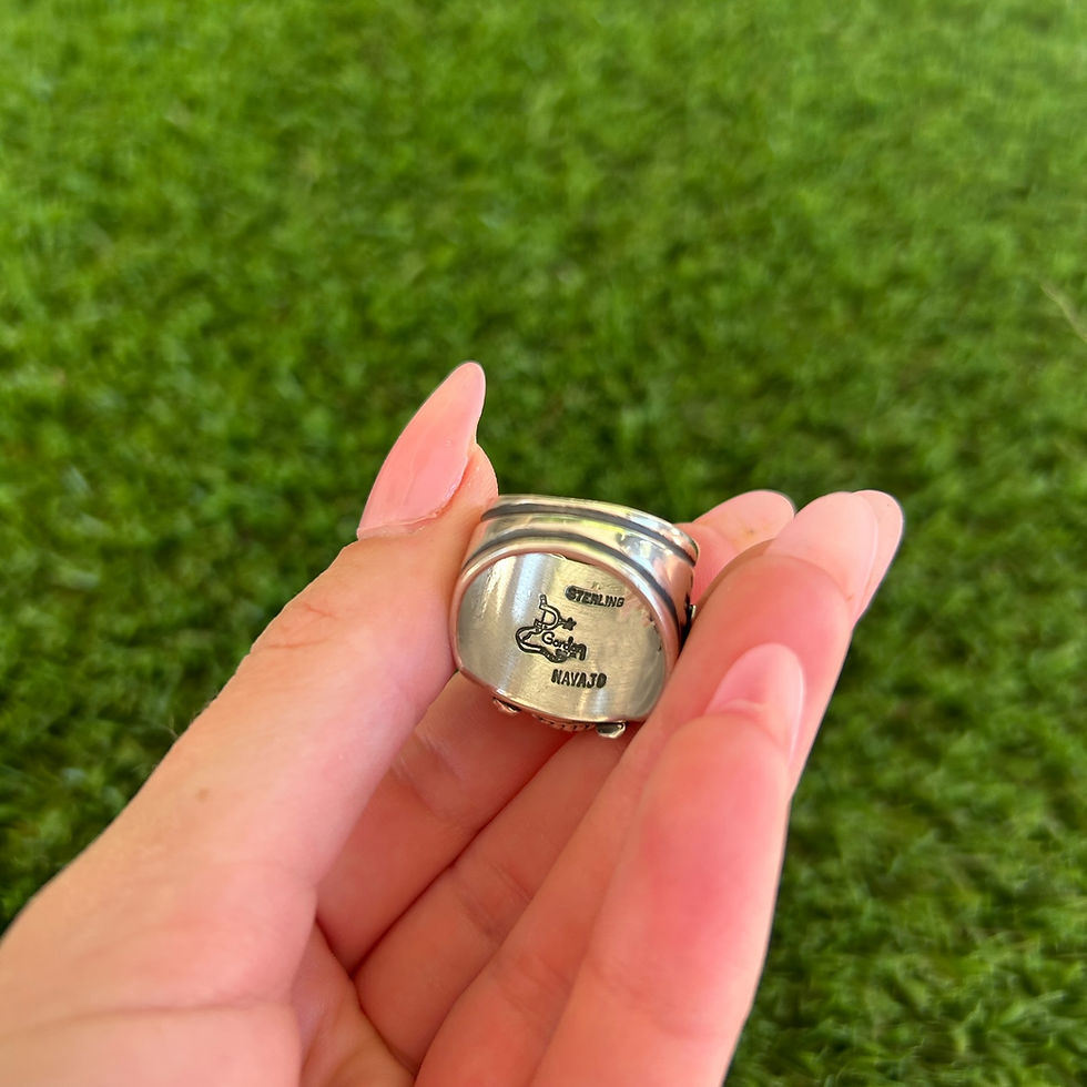 Thumbnail: Size 9 Natural Red Coral Sterling Appliqué Ring Handmade Navajo Delbert Gordon