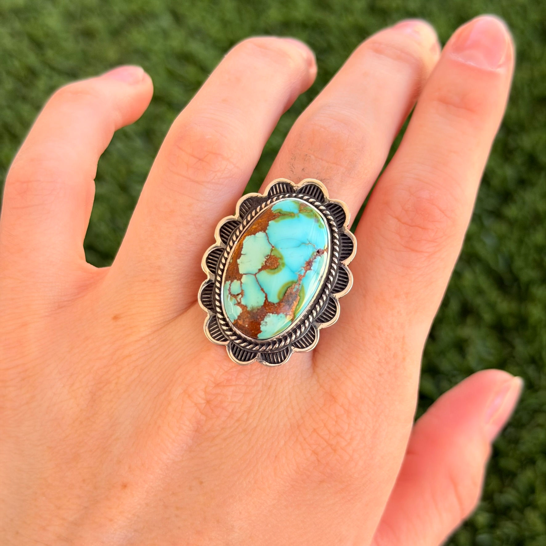 Royston Turq Oval Stamped Adjustable Sterling Ring Handmade Navajo Happy Piasso