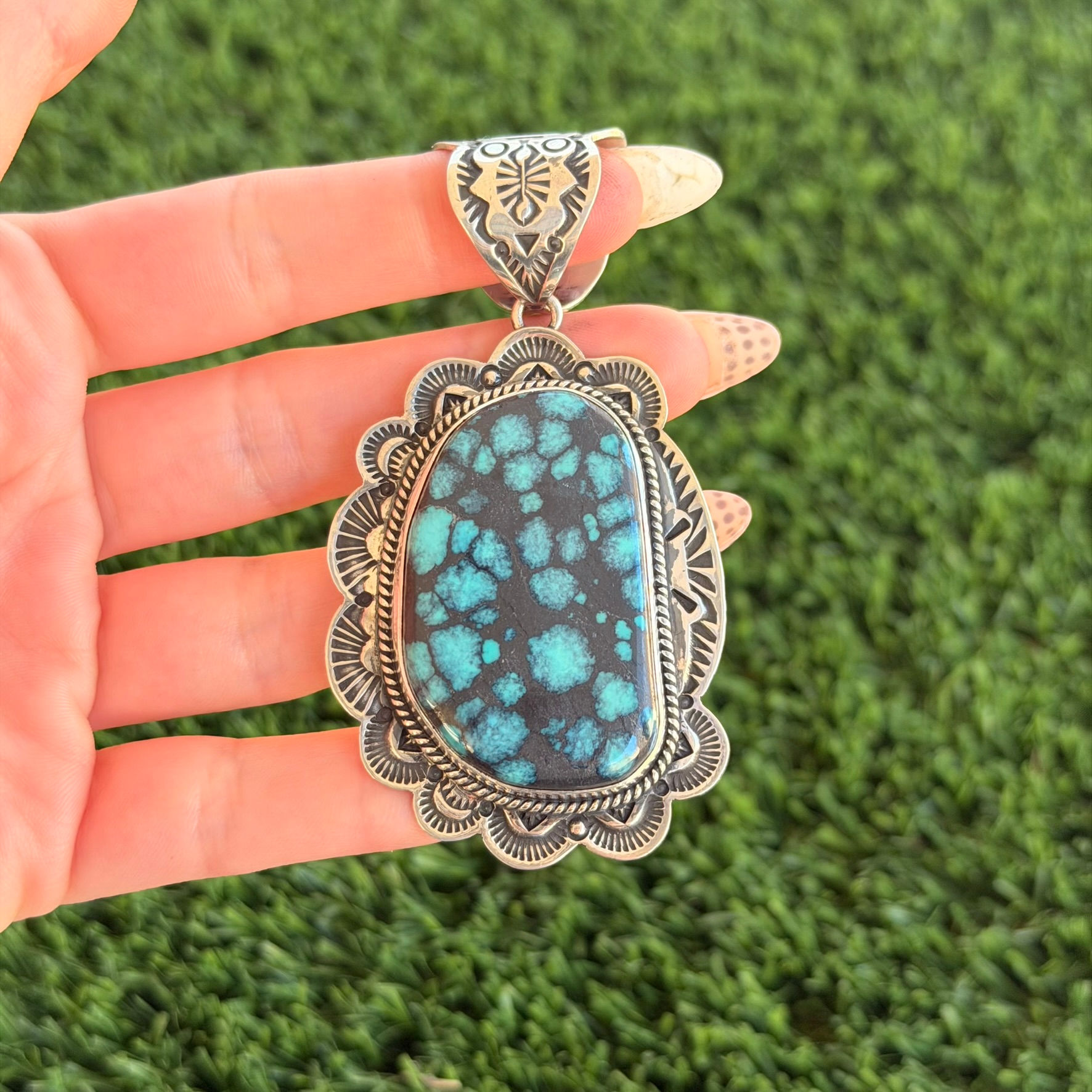 Verdigris Blackweb Hubei Turquoise Stamped Pendant Handmade Navajo Happy Piasso