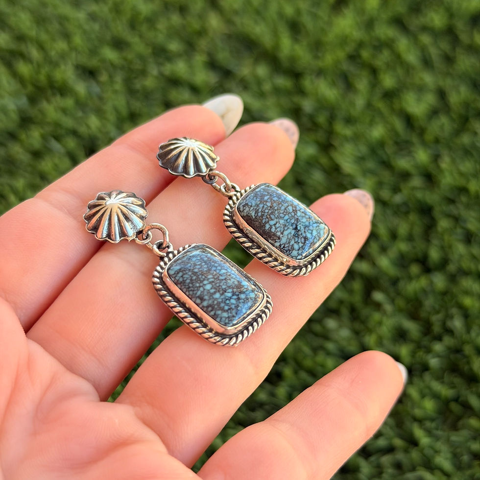 Thumbnail: Spiderweb Hubei Turq Star Post Dangle Earrings Handmade by Navajo Derrick Gordon