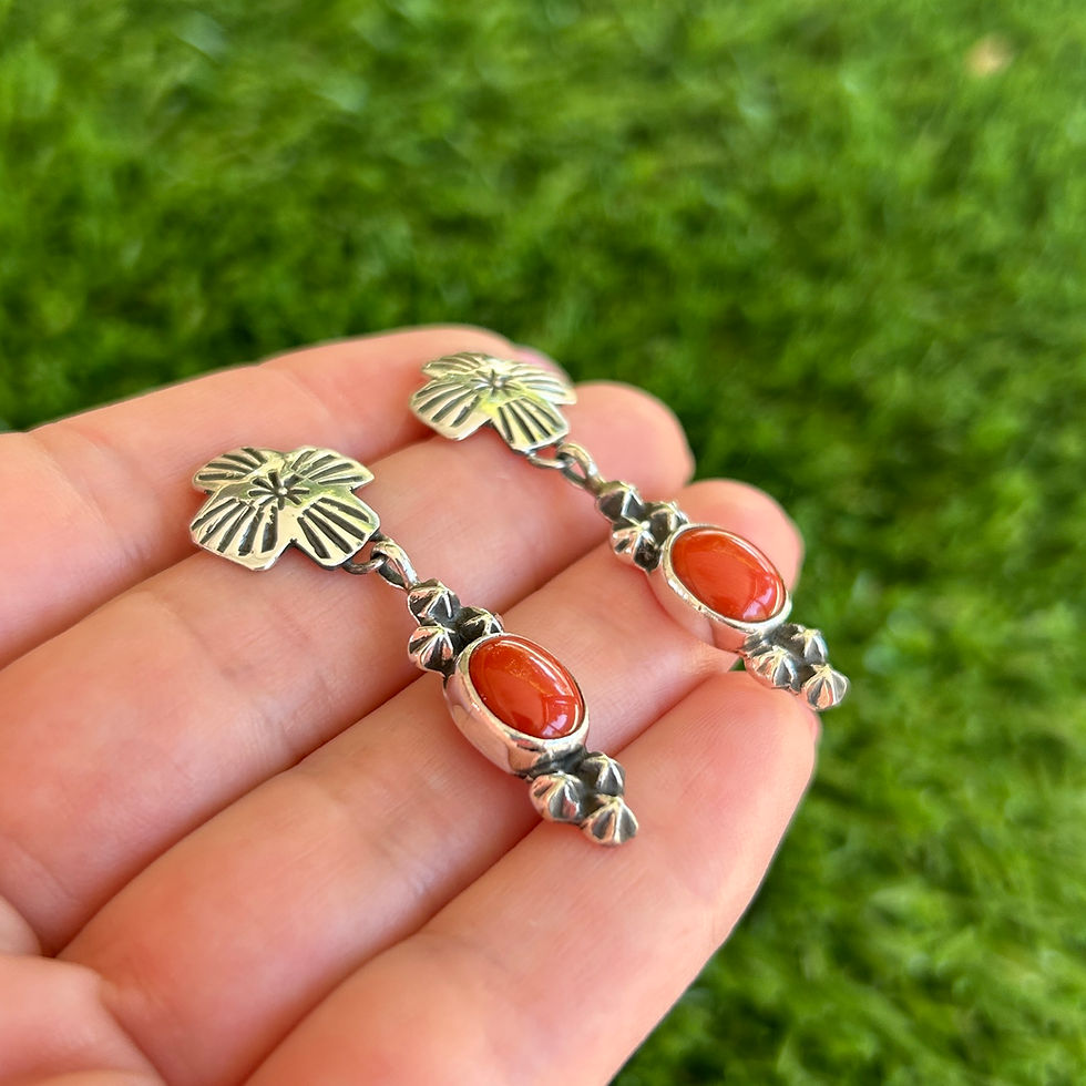 Miniature : Natural Red Coral Cross-Top Stud Earrings Handmade by Navajo Geneva Apachito