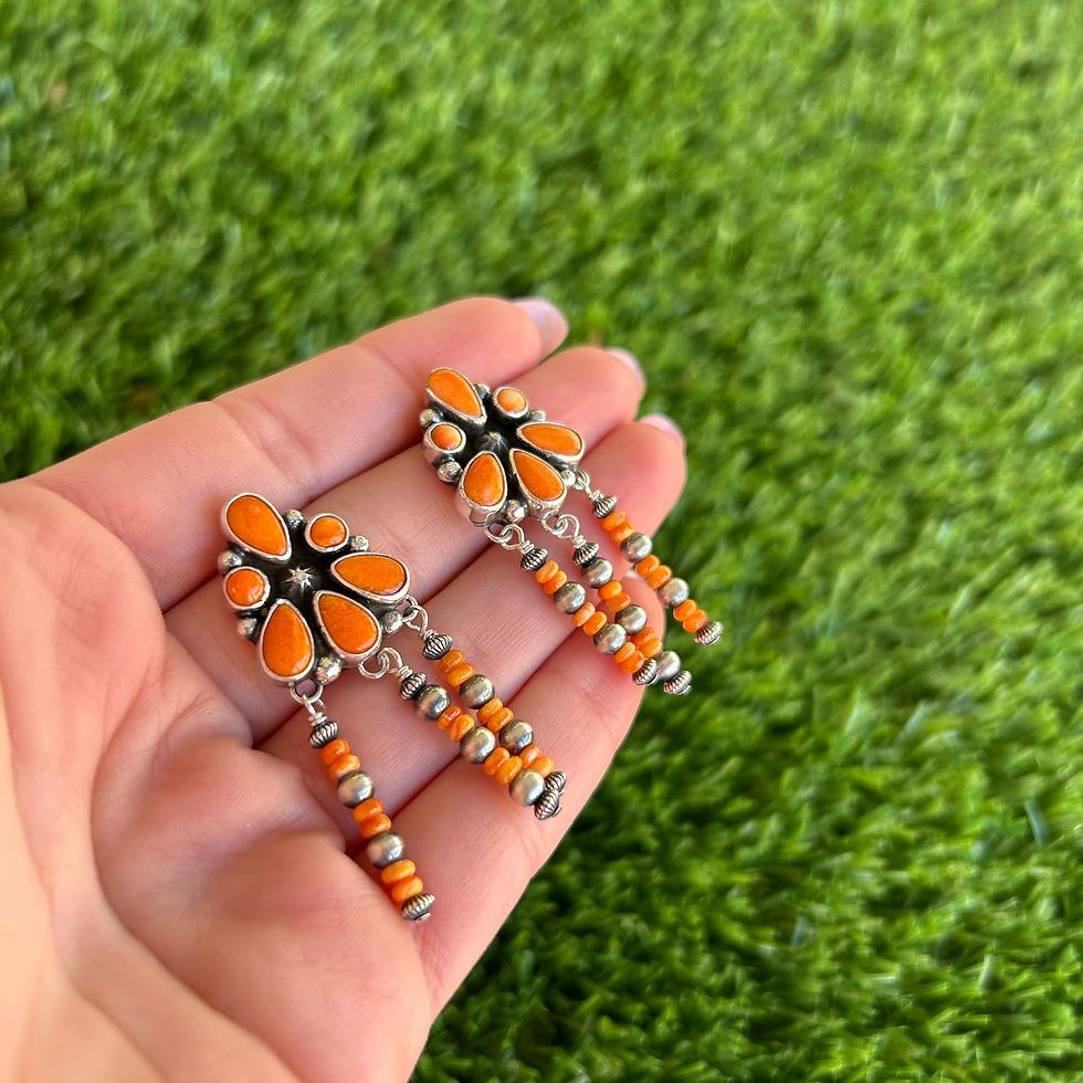 Miniature : Orange Spiny Cluster Beaded Dangle Stud Earring Handmade Navajo Geneva Apachito
