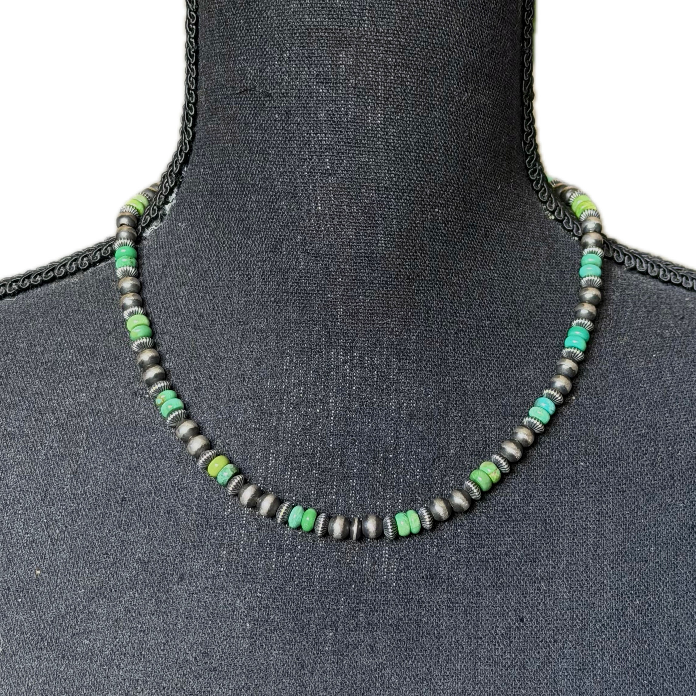 18" 6mm Green Turquoise Single Strand Navajo Pearl Necklace 2 Navajo Hand-finish