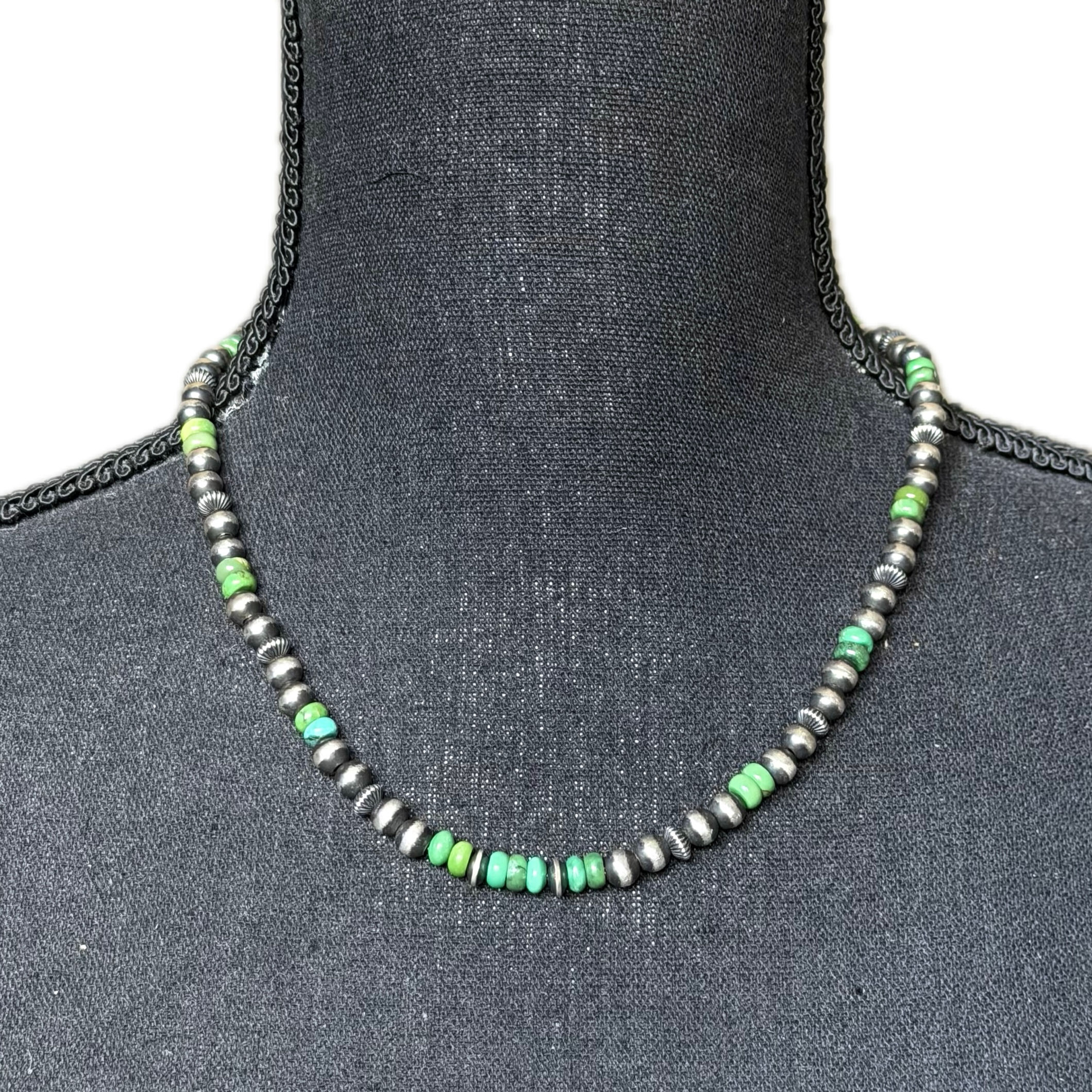 18" 6mm Green Turquoise Single Strand Navajo Pearl Necklace 1 Navajo Hand-finish
