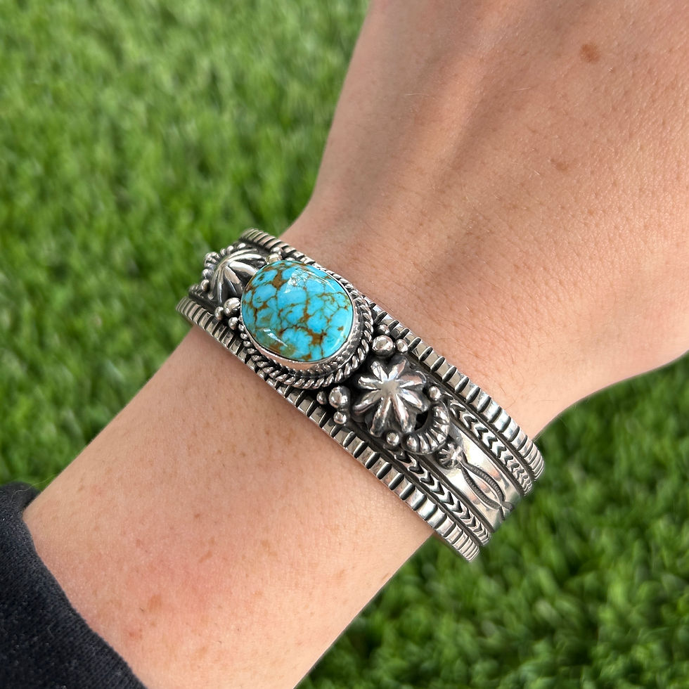 Thumbnail: S/M Kingman Turq Sterling Silver Star Stud Cuff Handmade by Navajo Happy Piasso