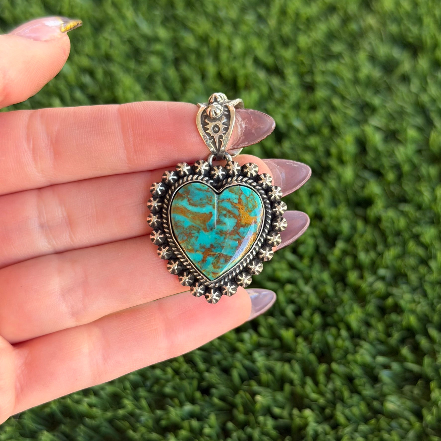 M Webbed Kingman Turquoise Heart Shot Pendant Handmade by Navajo Happy Piasso