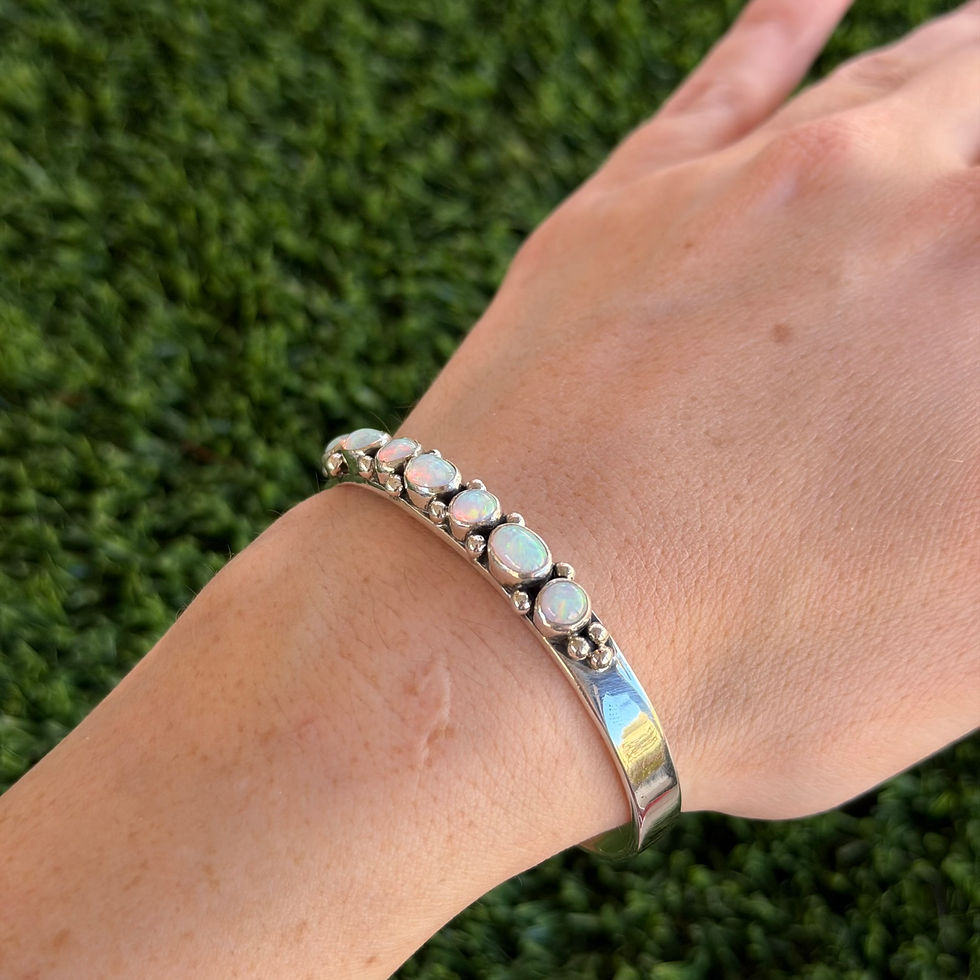 Thumbnail: Synthetic Opal 7-Stone Row Stacker Cuff Vintage Handmade by Navajo Happy Piasso