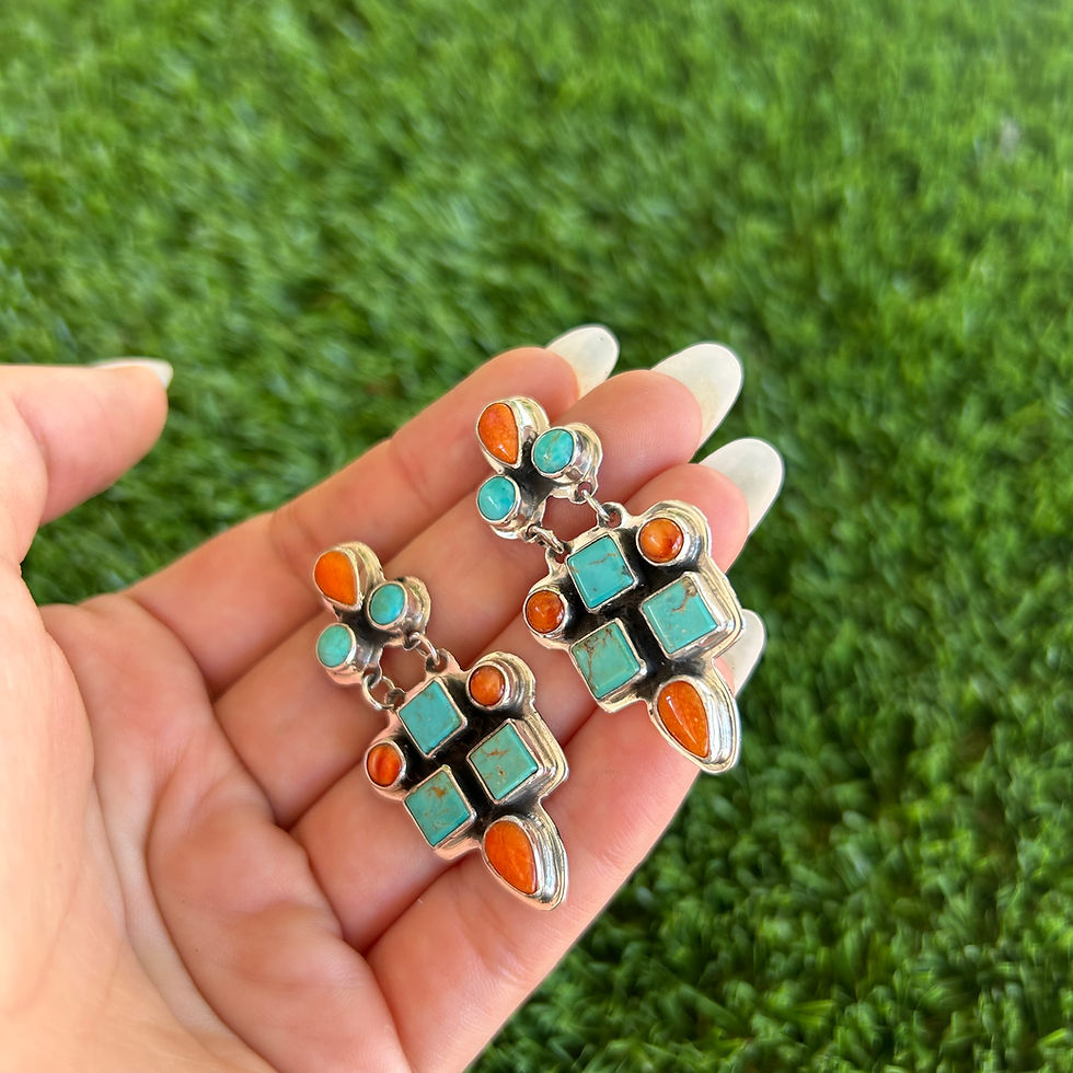 Thumbnail: Easter Egg Kingman & Spiny Tapered Stud Earrings Handmade Navajo Geneva Apachito