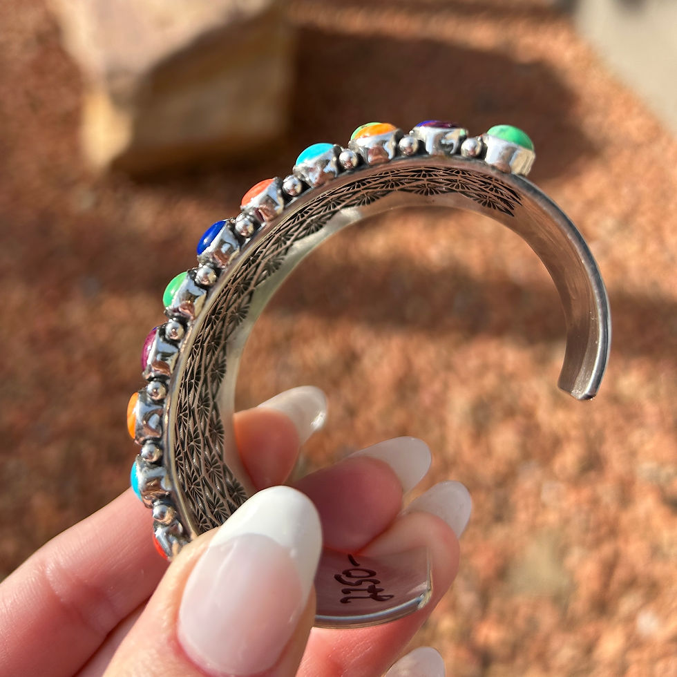Thumbnail: 55-Stone Multi-Color Grid Sterling Silver Cuff Handmade by Navajo Happy Piasso