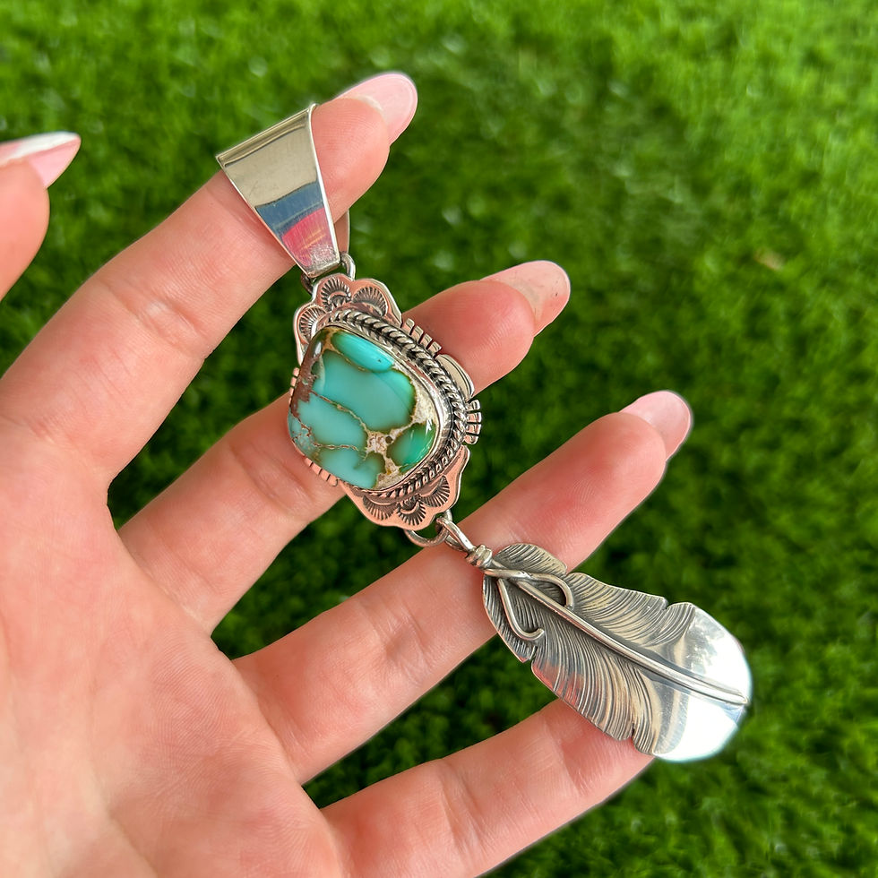Miniature : Gem Grade Royston Turq Sterling Feather Pendant Handmade Navajo John Nelson