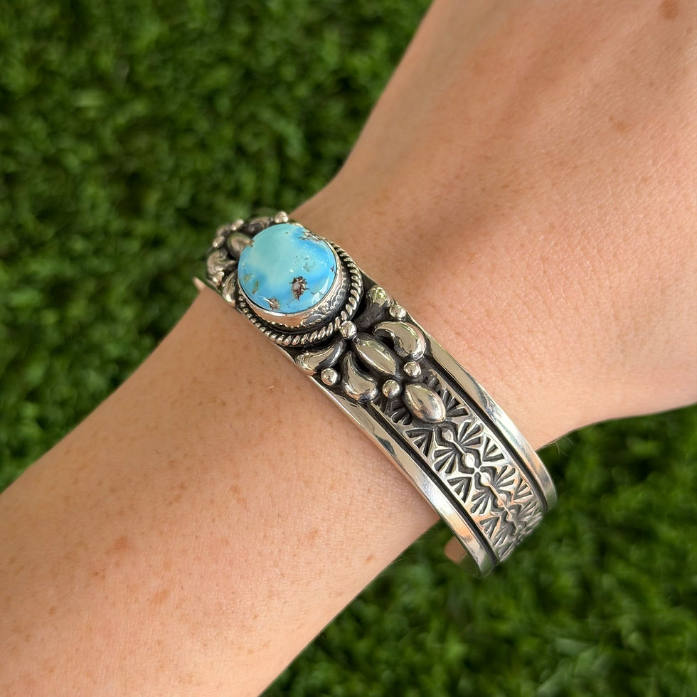 Thumbnail: S/M Golden Hills Turquoise Stacker Applique Cuff Handmade by Navajo Happy Piasso