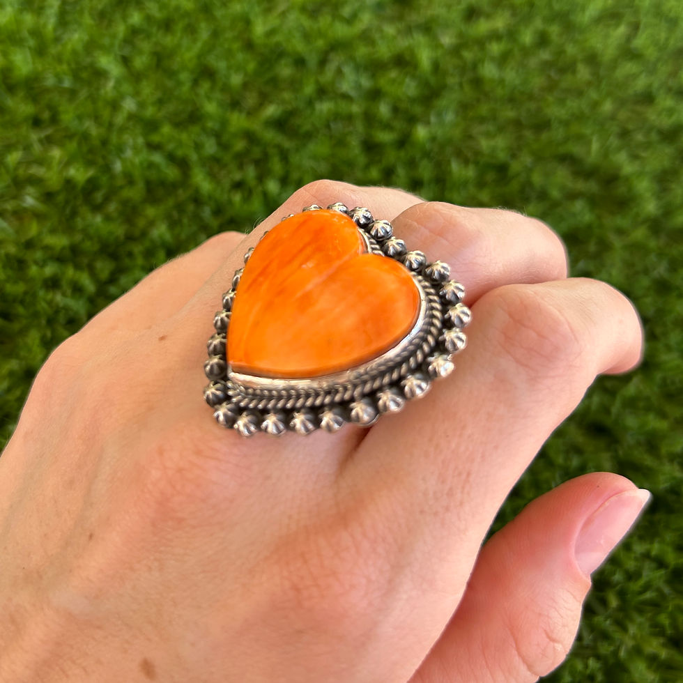 Thumbnail: Orange Spiny Oyster Shell Heart Shot Ring Handmade by Navajo Happy Piasso
