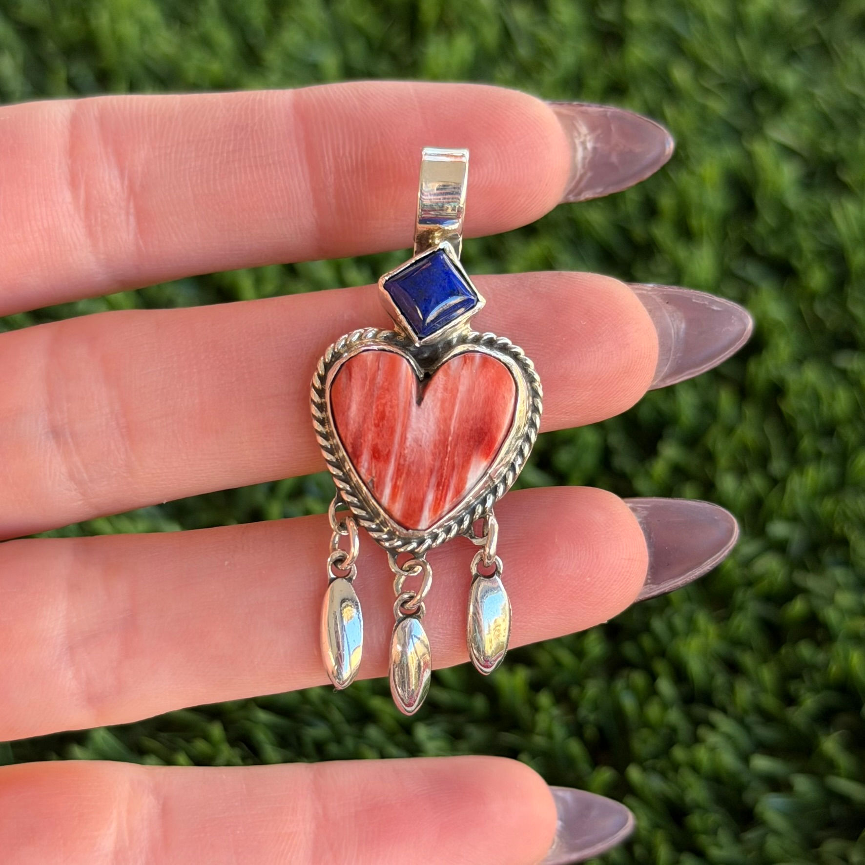 Red Spiny Heart and Lapis Lazuli Dangle Pendant Navajo Handmade (not signed)