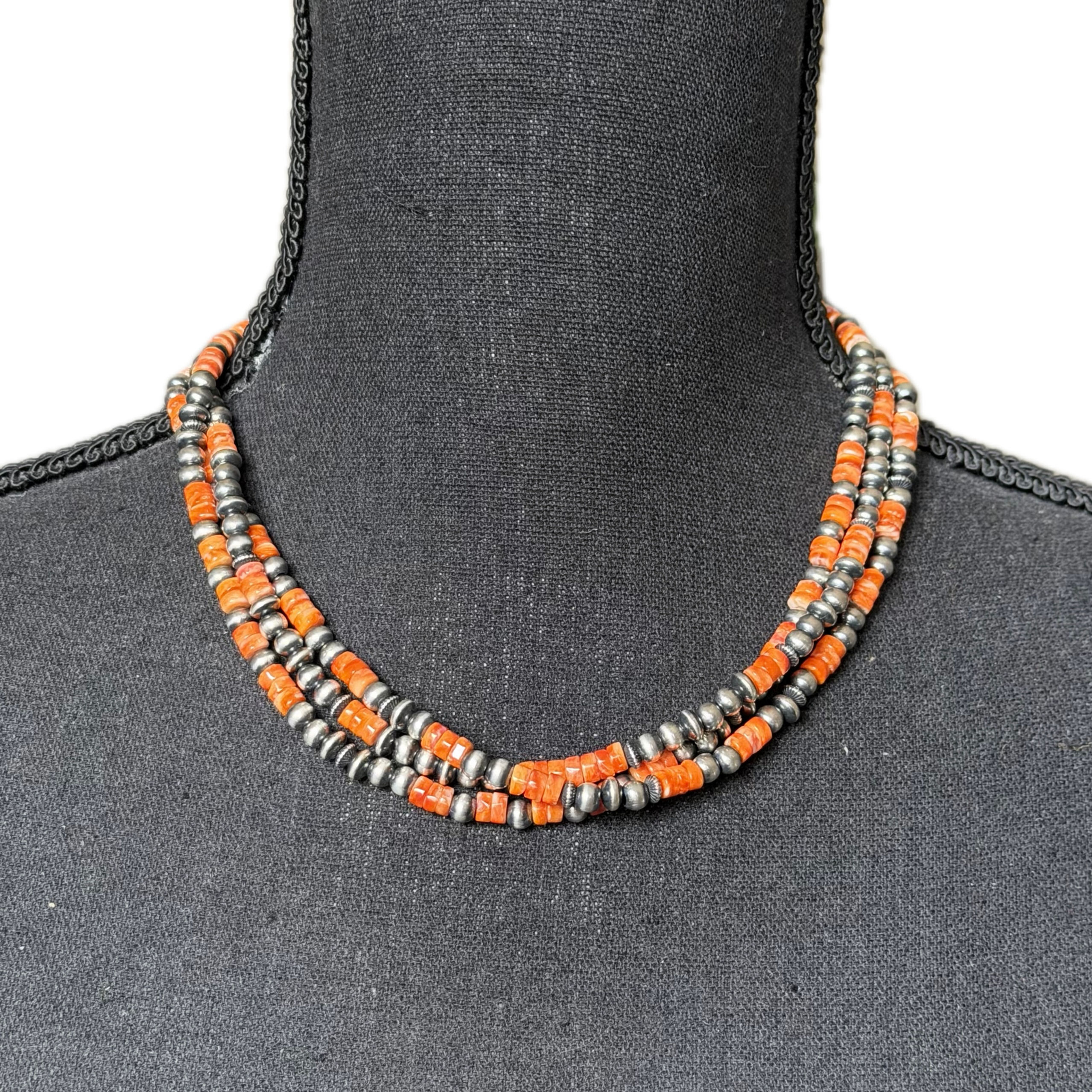 Orange Spiny Oyster 18" 5mm Triple Strand Necklace Navajo Handmade Marilyn Plate