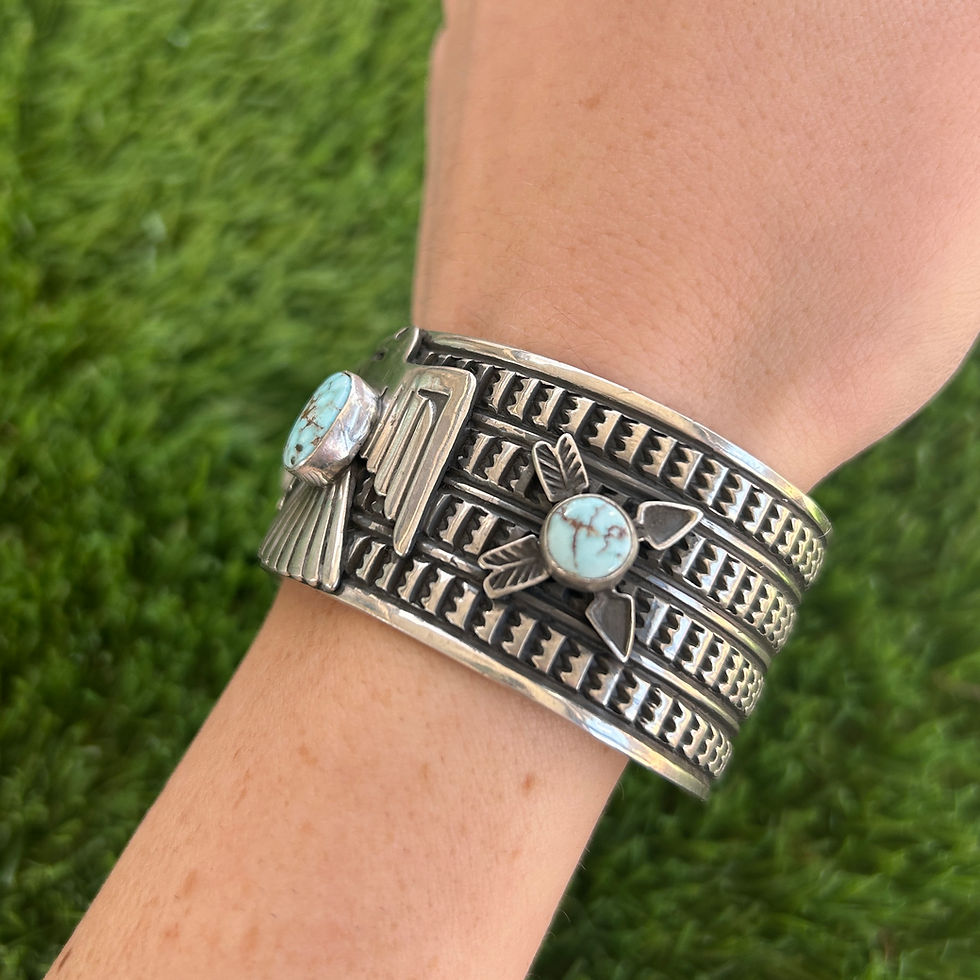 Thumbnail: SM Natural Dry Creek Turq Thunderbird Stamped Cuff Handmade Navajo Tsosie White
