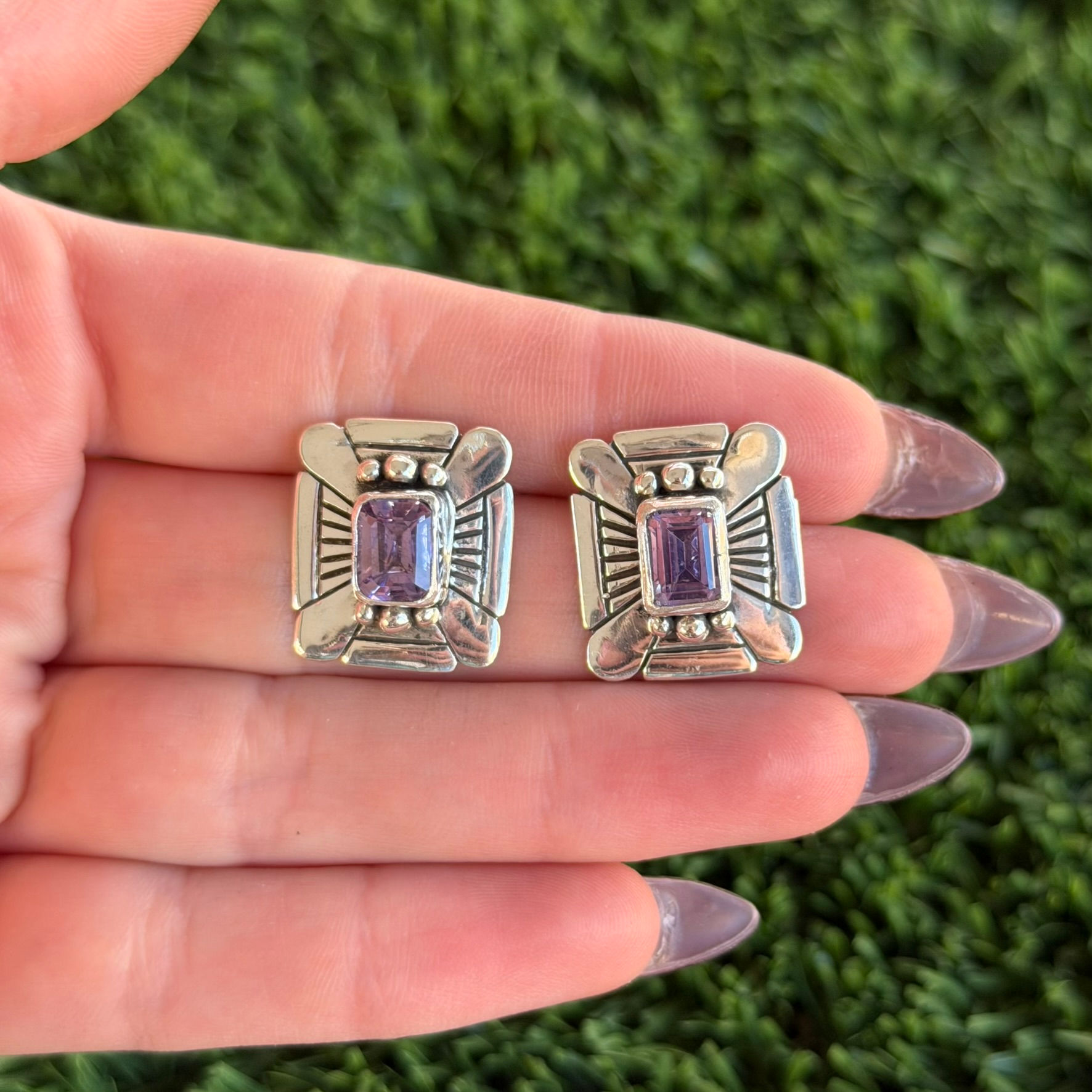 Amethyst Rectangle Stud Stampwork Earrings Navajo Handmade (Artist Unknown)