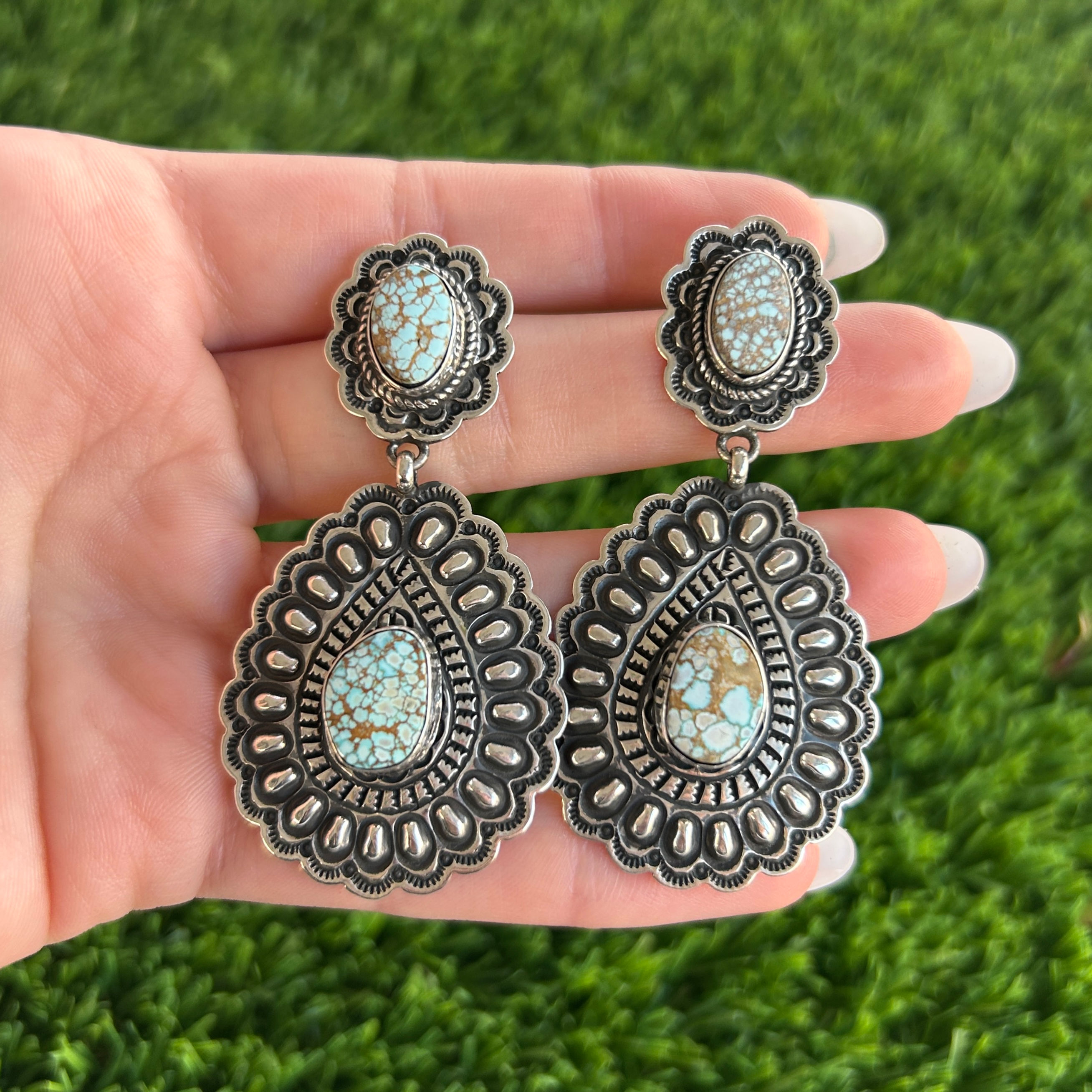 Natural Number 8 Turq Repoussé Drop Stud Earrings 1 Handmade Navajo Tsosie White