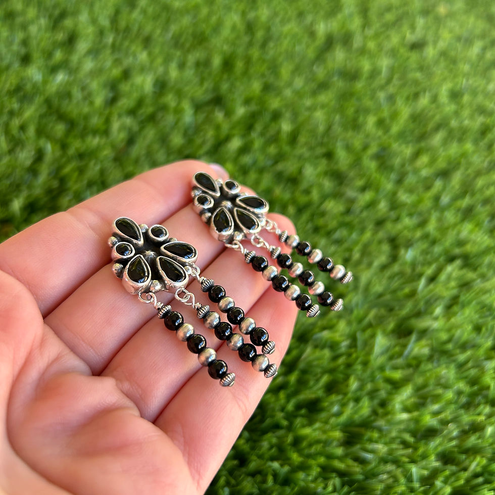 Thumbnail: Black Onyx Cluster Beaded Dangle Stud Earring Handmade by Navajo Geneva Apachito