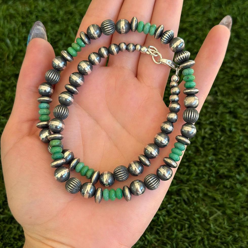Thumbnail: 18" 8mm Green Turquoise Single Strand Navajo Pearl Necklace 2 Navajo Hand-finish