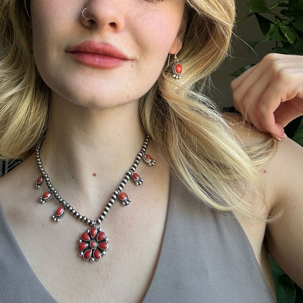 Thumbnail: SET- Natural Coral Complete Necklace & Earrings Set Handmade Navajo Linda Yazzie