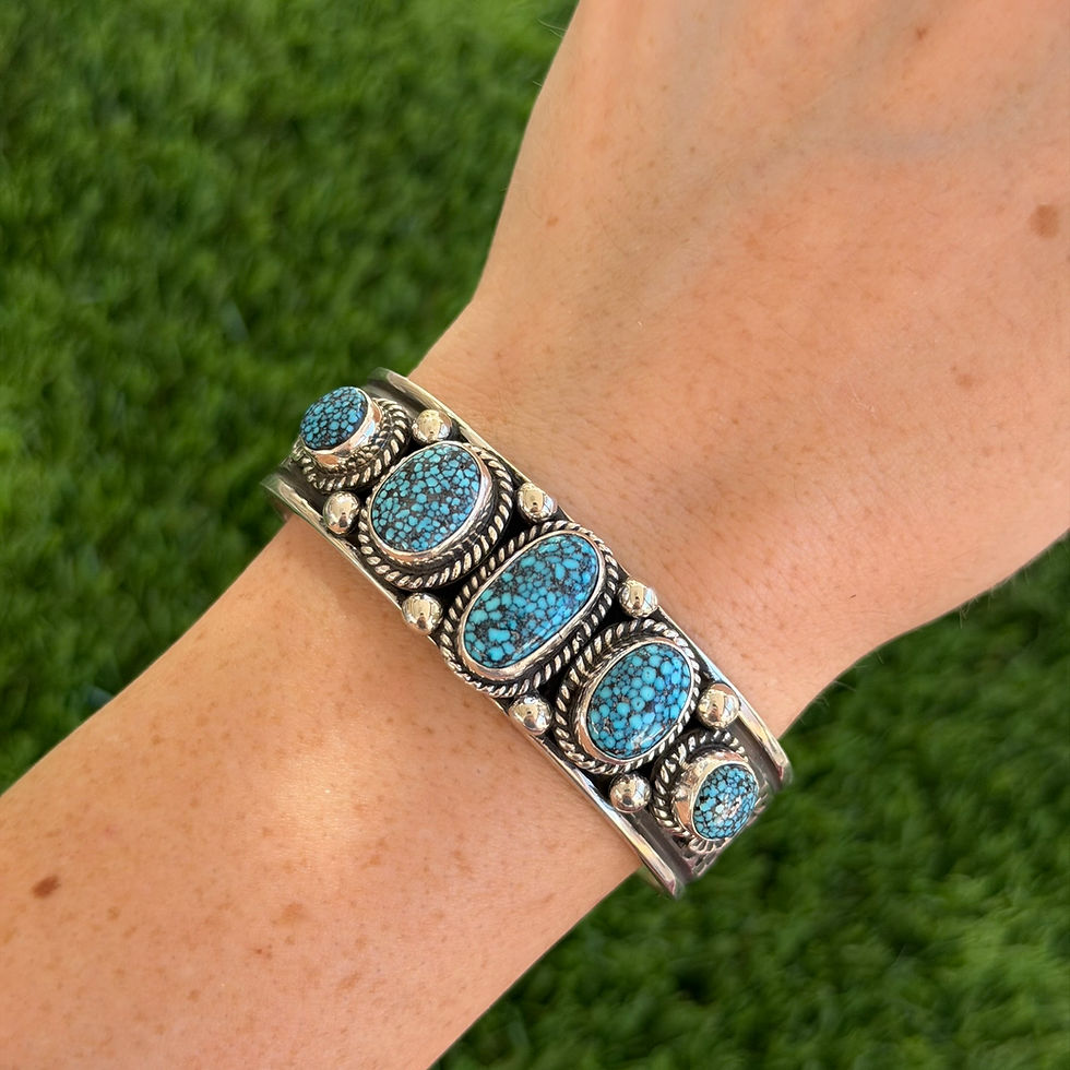 Thumbnail: S Rare Kingman Spiderweb Turquoise 5-Stone Cuff Handmade by Navajo Andy Cadman