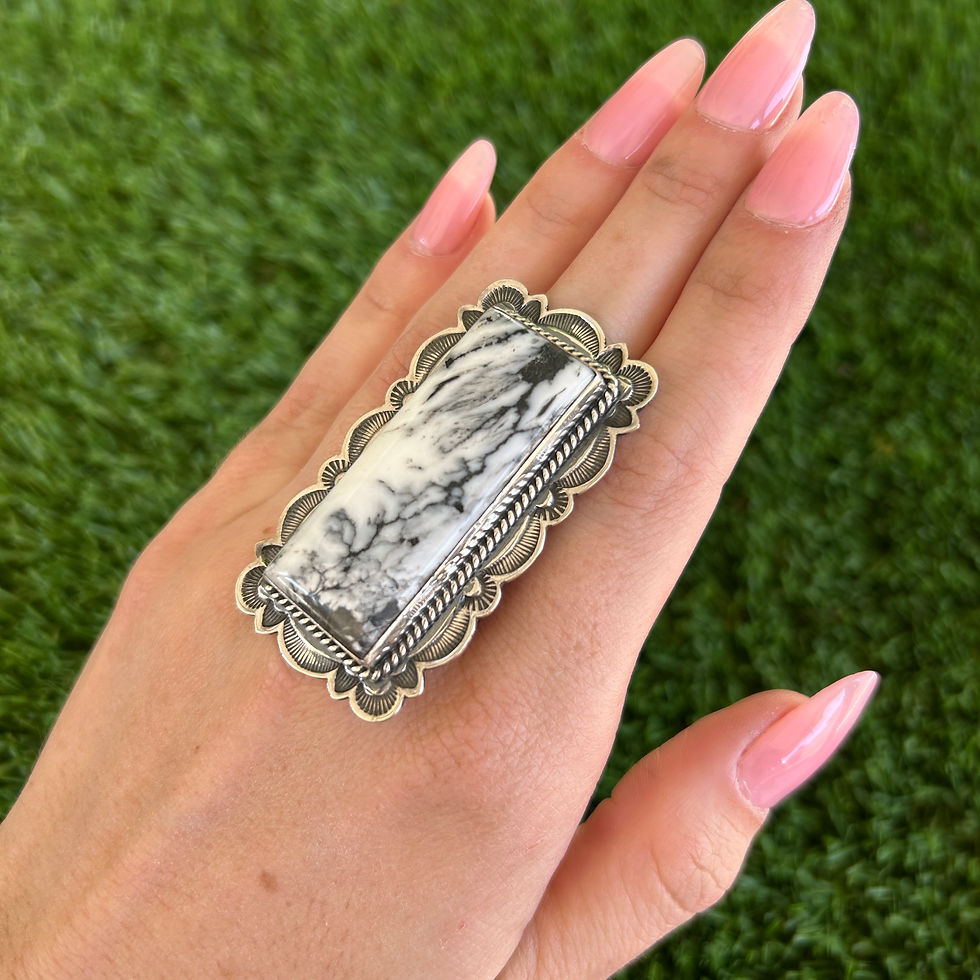 Thumbnail: White Buffalo Oversized Rectangle Stampwork Ring Handmade by Navajo Happy Piasso