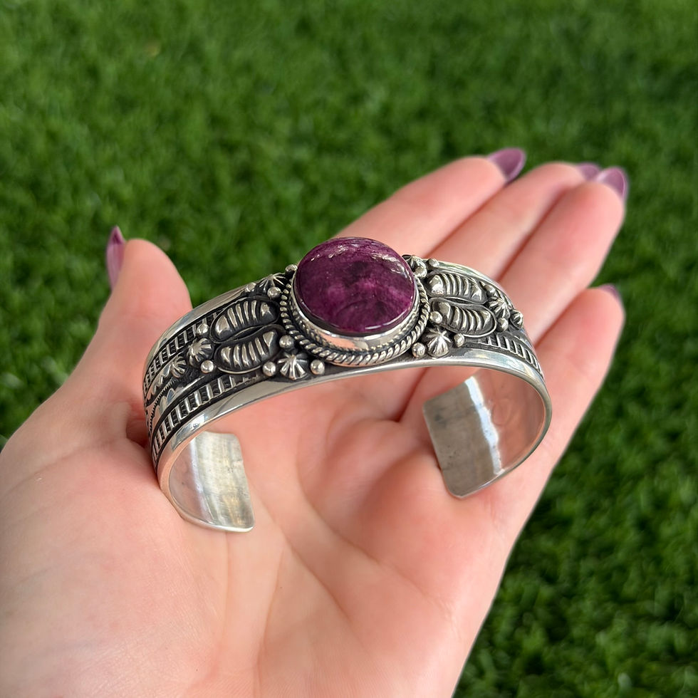 Thumbnail: Purple Spiny Oyster Sterling Embellished Cuff Handmade by Navajo Happy Piasso