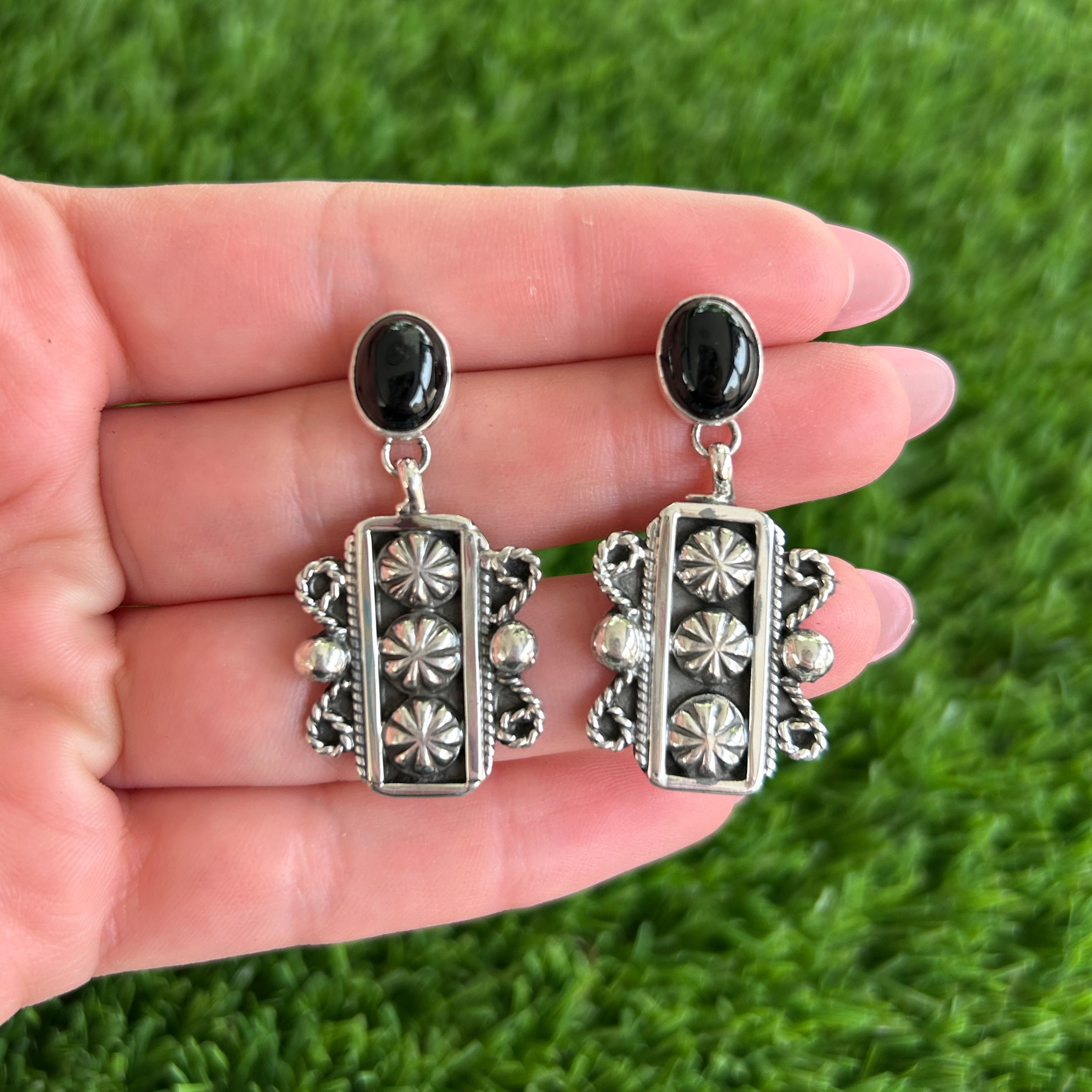 Black Onyx Sterling Silver Ornamented Earrings Handmade Navajo Geneva Apachito