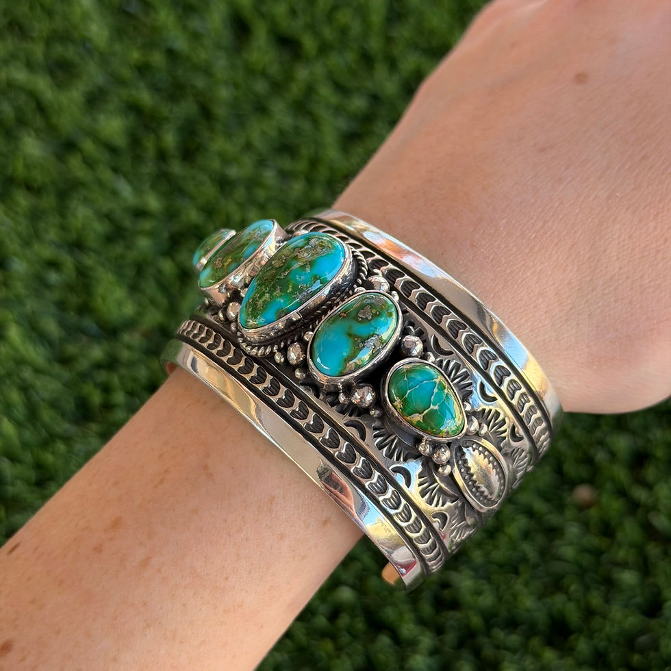 Miniature : Sonoran Gold Turquoise 5-Stone Wide Stamped Cuff 2 Handmade Navajo Happy Piasso