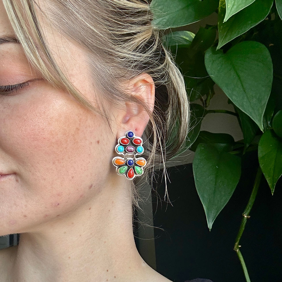 Thumbnail: Multi-Stone Fan Double Cluster Stud Earrings Handmade by Navajo Geneva Apachito