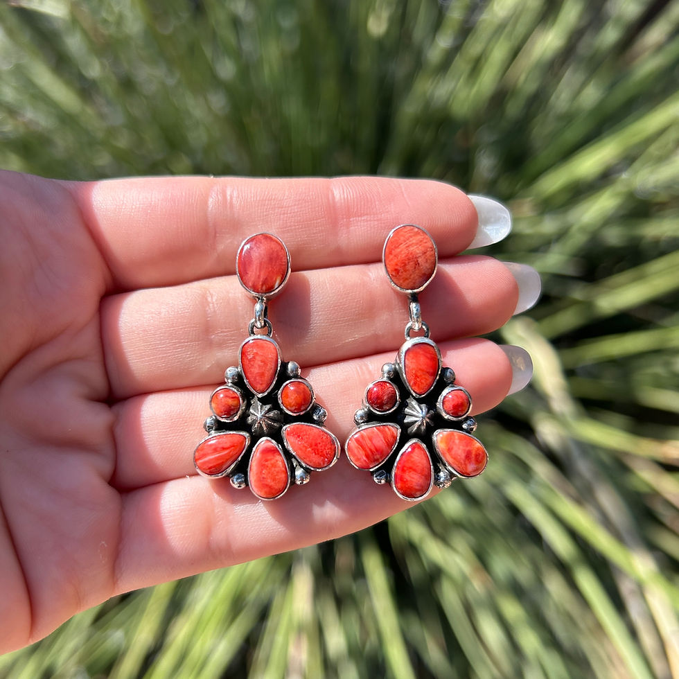 Thumbnail: Red Spiny Oyster Dangle Cluster Stud Earrings 2 Handmade by Navajo Linda Yazzie
