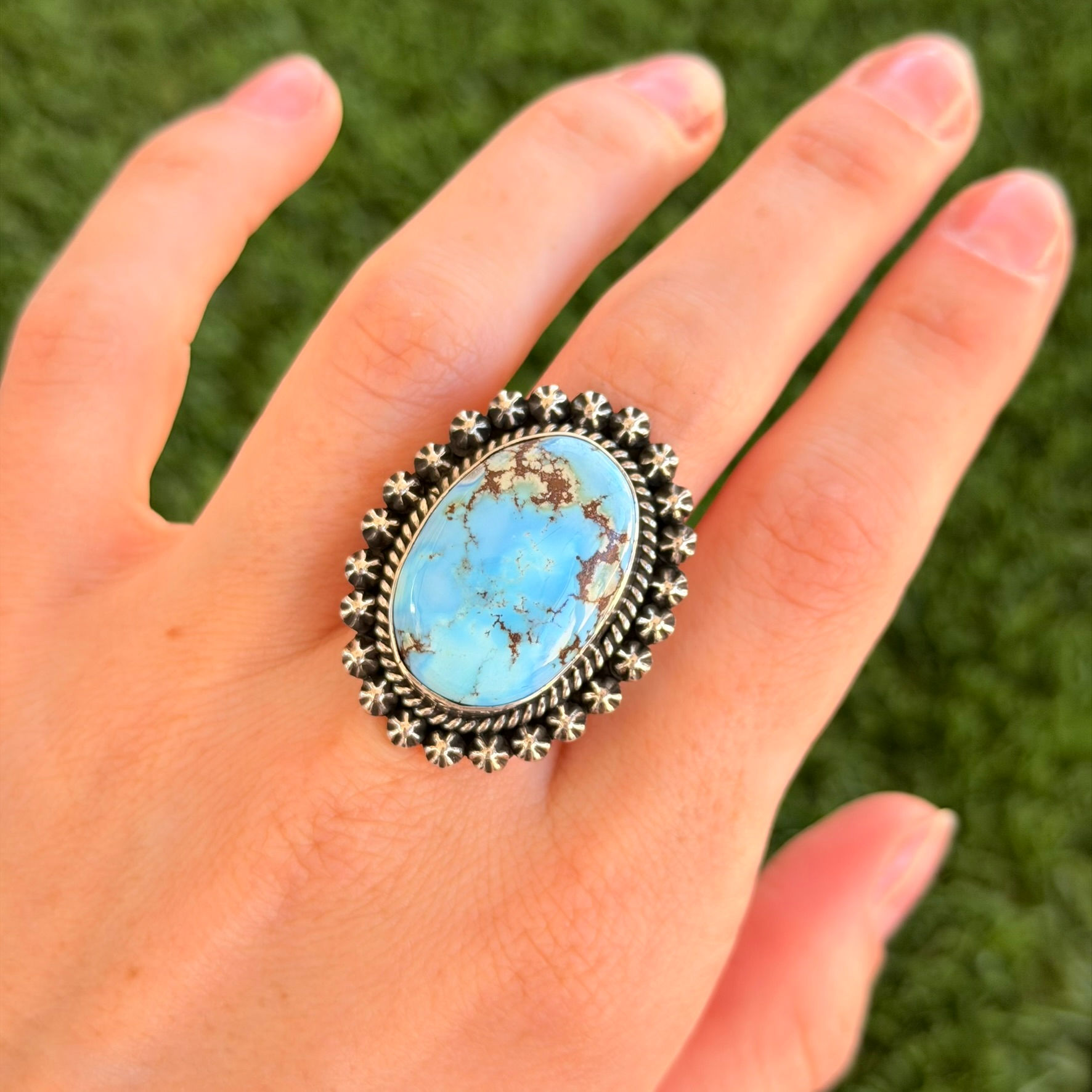 Golden Hills Oval Star Stud Sterling Silver Ring Handmade by Navajo Happy Piasso